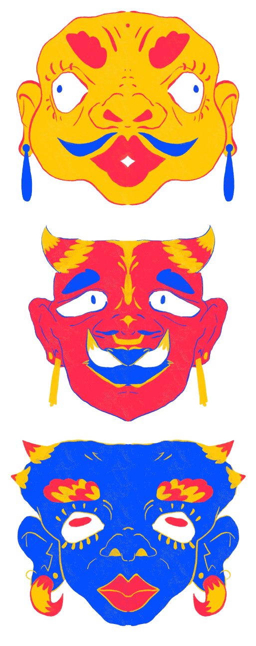dessin de 3 masques japonais fictifs.