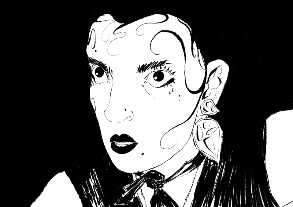 dessin d'une femme au regard inquiet, sur fond noir.