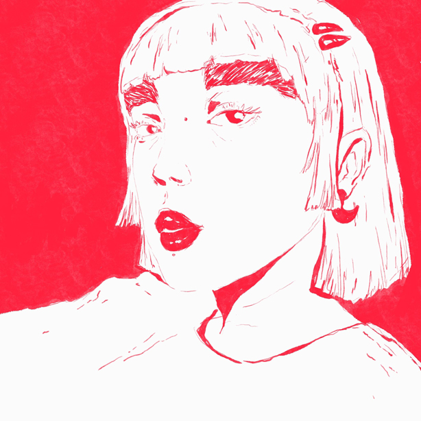 portrait d'une femme en gros plan sur fond rouge.