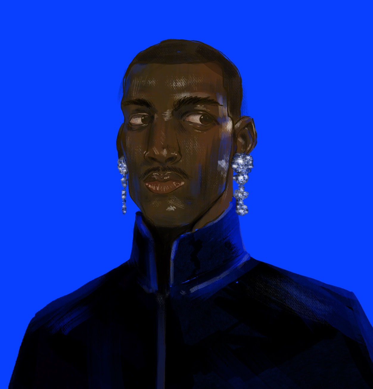 dessin d'un homme en costume sur fond bleu.